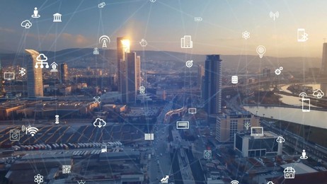 smart city and communication network concept. 5g. lpwa low power wide area. wireless communication.