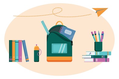 school, college or university items with flying paper plane.  back to school banner, poster. stationary, books, water bottle. flat design. vector.