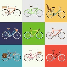 vector flat modern urban, town and city bicycles set | various different bicycles with wooden crates, baby seats, travel and touring bicycle, pink bicycle, white tires, carbon wheels and more