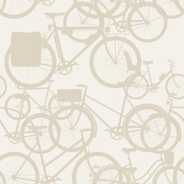 vector seamless bicycle themed pattern with touring bicycle, fixed gear, wooden crate, retro frame and baby seat equipped bicycle | city, town and urban bicycles seamless pattern beige background