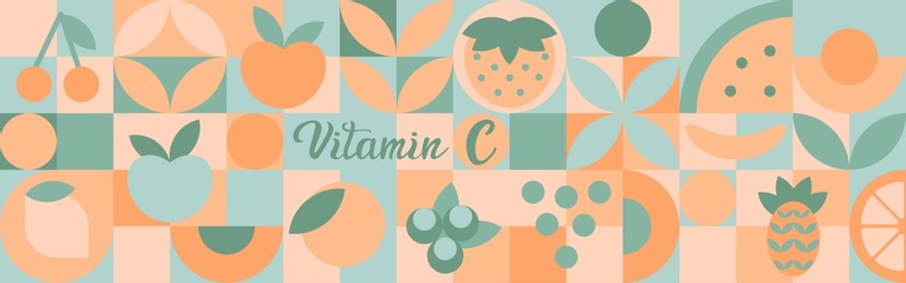 fruits - geometric shapes, abstract minimalistic organic food banner with brutalistic shapes and simple circles and squares. vitamin c - orange, lemon, watermelon. template for textiles or packaging.