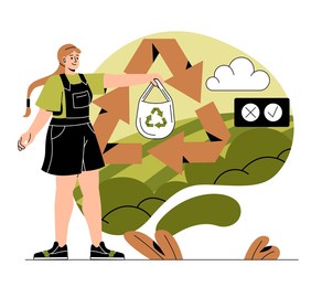 sustainable lifestyle concept. woman uses reusable shopping bag or shopper. refusal of plastic bags. zero waste. character cares about environment. cartoon flat vector illustration in doodle style