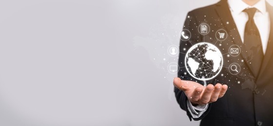 business man hiold, use,press infographic icon of community technology digital.concept of hi tech and big data. global connection.iot internet of things . ict information communication network