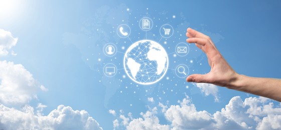 business man hiold, use,press infographic icon of community technology digital.concept of hi tech and big data. global connection.iot internet of things . ict information communication network