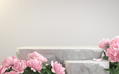 premium 3d rendering white step stone podium display, pink flower floral bouquet, abstract illustration background