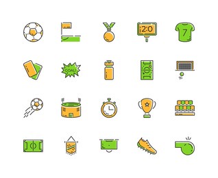 minimalistic soccer line icon set. stadium, ball, field, cup, yellow card, player, t-shirt icon. vector illustration