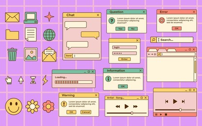 vector set of retro vaporwave computer interface. vintage browser and dialog window templates. nostalgic os. retro icons.