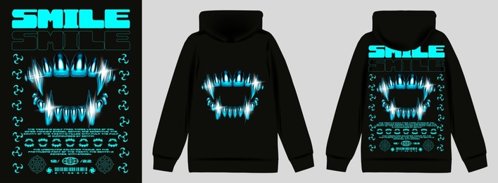 poster with blue 3d iron teeth. stylish print in techno style for streetwear, print for t-shirts and sweatshirts on a black background