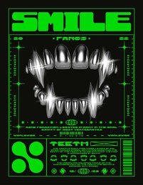 poster with 3d iron teeth. stylish print in techno style for streetwear, print for t-shirts and sweatshirts on a black background