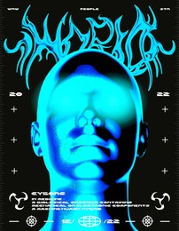 retro futuristic poster with human head. stylish print in techno style for streetwear, print for t-shirts and sweatshirts on a black background