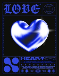 futuristic poster with 3d heart. stylish print in techno style for streetwear, print for t-shirts and sweatshirts on a black background