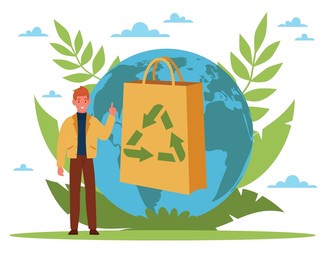 biodegradable bag. ecology of zero waste, tiny man with huge paper shopping packet, green reuse sign, save the planet, environment care, eco friendly people, vector cartoon flat concept