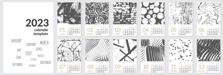 vertical wall calendar template for 2023 year. set of 12 months. week starts on sunday. planner in minimalist style with place for photo. vector editable corporate and business calendar page template