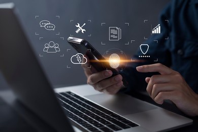 person touching virtual screen to scan fingerprints, digital transformation management concept. internet of things, big data and business processes, automation, storage systems, cloud computing