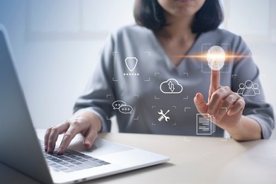 person touching virtual screen to scan fingerprints, digital transformation management concept. internet of things, big data and business processes, automation, storage systems, cloud computing