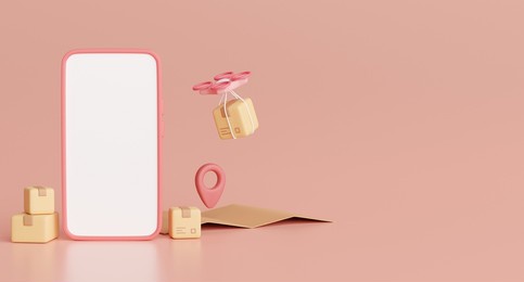 online delivery services with delivery drone and parcel box  isolated on purple background. e-commerce, shipping and logistics .3d render illustration