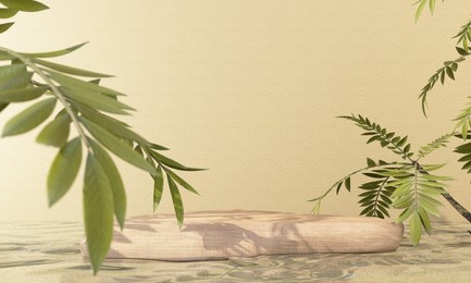 premium podium made of concrete stone rock on background with plant branches,leaves and natural water.mock up for the exhibitions,presentation of products, therapy, relaxation and health -3d render.