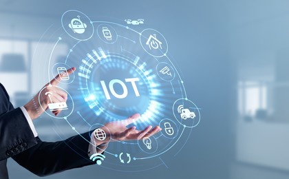 businessman hand hold and finger touch internet of things hologram, connection and network hud. concept of smart technology and artificial intelligence