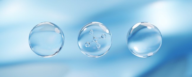 molecule inside bubble on blue background, concept skin care cosmetics solution. 3d rendering.