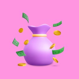money bag with falling gold coins and green currency in cartoon style. 3d realistic money object for poster or banner. vector illustration