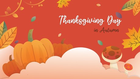 happy thanksgiving day and hello autumn. holiday element such pumpkin, maple, mushroom on red background. template for greeting cards, banner and web design.  autumn holiday vector background.