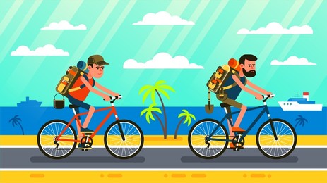 two tourists with backpacks on bicycles rides along california beach. hiker cyclist travels along the seashore. vector illustration