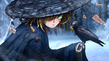 a sweet young superstitious girl in a japanese straw hat with protective amulets and bells looks incredulously from under her brows, a crow with a ring in its beak is on her hand. 2d winter anime art.
