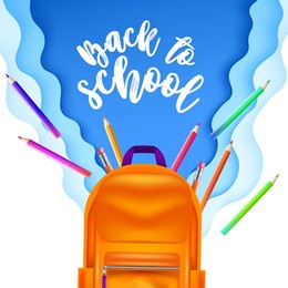 pencils floating in the air with orange backpack in foreground and blue papercut background. back to school and education concept. vector illustration