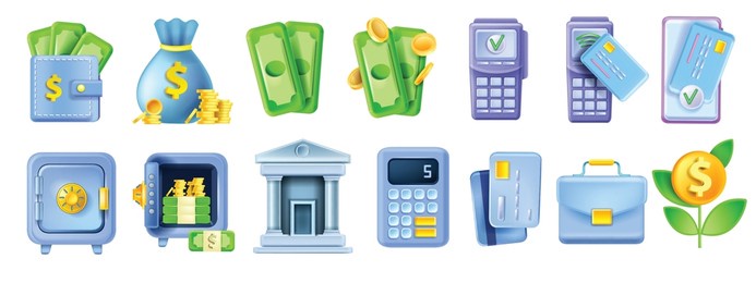 3d money bank icon set, locked safe, terminal, credit card, building, vector finance business kit. bank icon collection, briefcase, calculator. online payment cashback wallet economy illustration