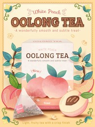 white peach oolong tea ad template. illustrated oolong tea package and tea bag with embroidery patches. vintage style plant border