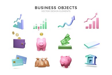 3d business icons set. chart growth with arrows symbol, wallet and piggy bank, wad of paper currency and credit card, money bag and mobile phone. vector illustration