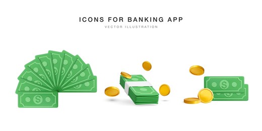 set of 3d realistic  green dollars banknote currency and gold coin. vector illustration