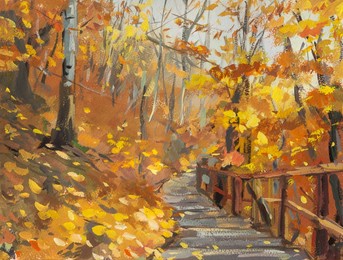 autumn landscape gouache painting. a path in the middle of a dense forest. autumn colorful leaf fall. original painting, layout for a greeting card. illustration of golden autumn. natural background