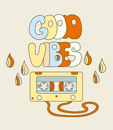 hippie vibe poster with music cassette. retro 70s  vector illustration. groovy cartoon style. good vibes hand draw lettering.