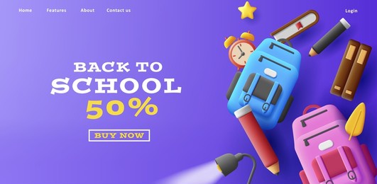 back to school banner with backpacks and books, clock and pencils with desk lamp 3d illustration. vector illustration