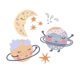 creative kids hand drawn composition. set of cute planets, stars and moon. for the design of postcards, posters, invitations, greetings, congratulations, prints for t-shirts, mugs. vector graphics.