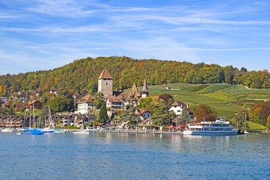 spiez castle on lake thun (jungfrau region, canton bern, switzerland)