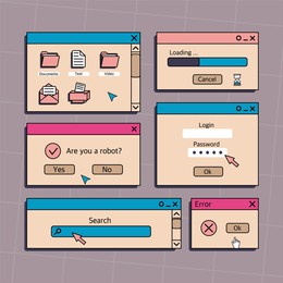 a set of user interface elements, ui and ux themes. in the vaporwave style of the 80-90s, retro collage. vector illustration 