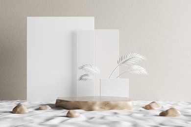 marble limestone beige podium, partition white concrete, palm leaves and clear glass on white sand or beach. pedestal display advertising cosmetic beauty product or skincare. 3d illustration.