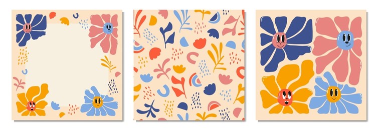 doodle flowers with cartoon funny smiling faces, daisy retro characters. cute floral happy emotion. childish logo design with daisies, vector set. illustrations of smiley flowers 