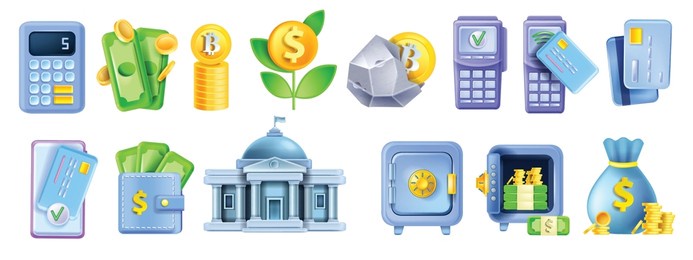 3d money bank icon set, credit card, locked safe, building, terminal, vector finance business kit. online payment cashback wallet economy illustration. bank icon collection, briefcase, calculator.