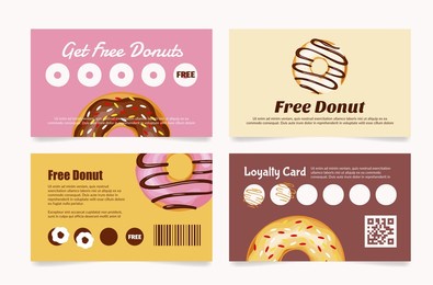 donuts loyalty card set voucher sticker collect for free sale discount promo vector illustration. doughnut sweet delicious menu icing bun glazed sugar ring candy cafe business marketing strategy flyer