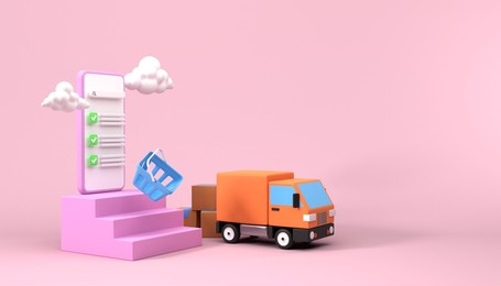 delivery boxes to home from online shopping, orange van with packaging on pink background. shipping, delivery service, transportation e-commerce concept. 3d render illustration