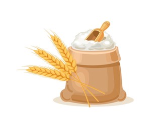 bag of flour with and wooden scoop and ears of wheat. vector flat illustration isolated on white background.