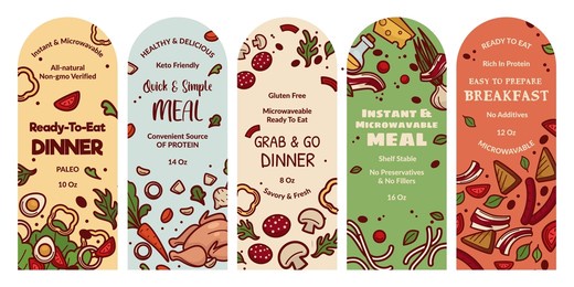 packaging label design for ready to eat dinner. natural quick, simple meal, instant and microwavable product tag, vector illustration. template emblem with flat ingredient, keto friendly dinner
