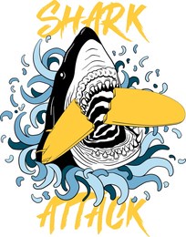 shark biting the surfboard. vector illustration for tshirt prints, posters and other uses.
