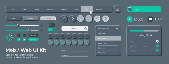 dark theme user interface elements for mobile app. unique neumorphic ui ux design kit. manage, navigation, menu, login form and components.