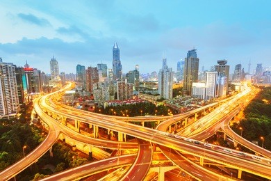 shanghai elevated road junction and interchange overpass at night