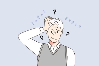 unhappy elderly man lose memory suffer from dementia or alzheimer disease. concept of old people health problems. healthcare and geriatrics. vector illustration. 