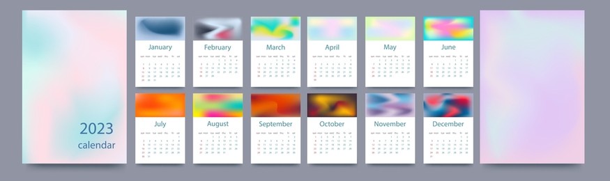 calendar template for 2023. vertical design with gradients. editable page template with a4 illustrations, set of 12 months with covers. vector illustration.